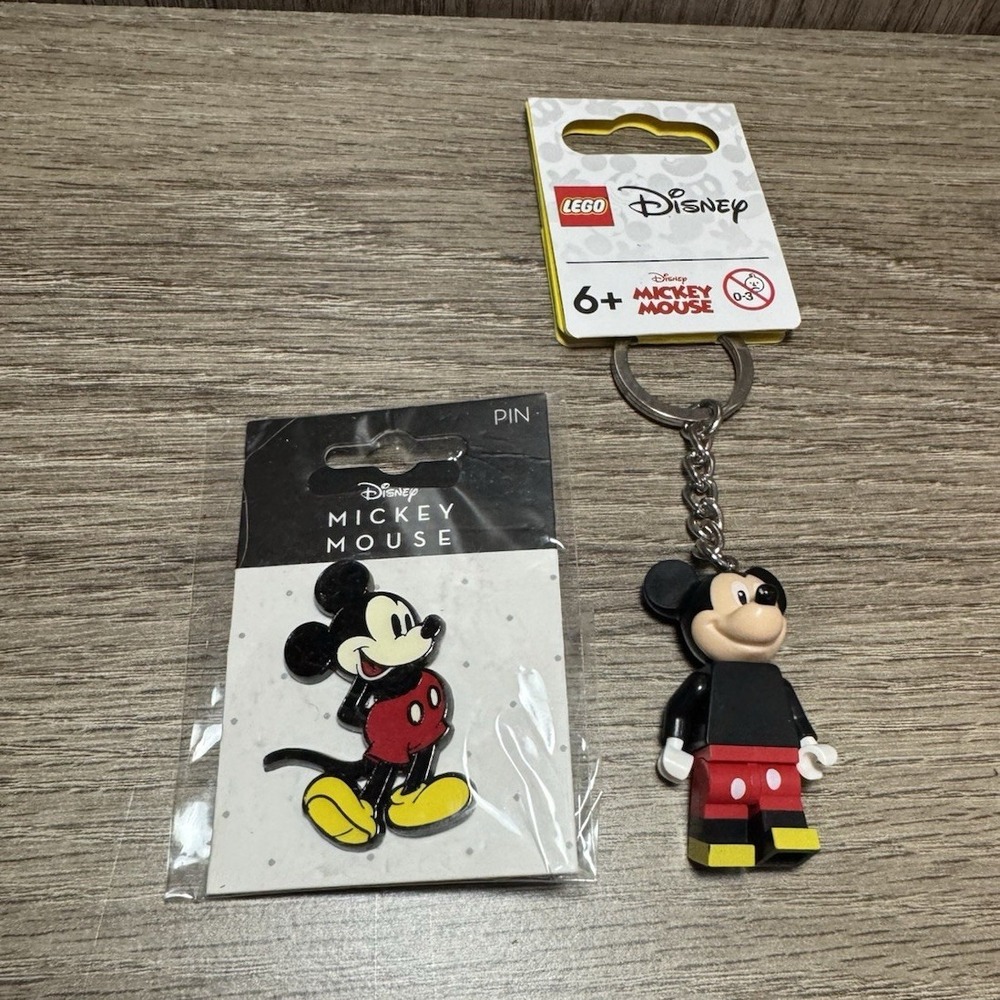 LEGO Disney Mickey Mouse Character Minifigure Keychain + Mickey Mouse Pin